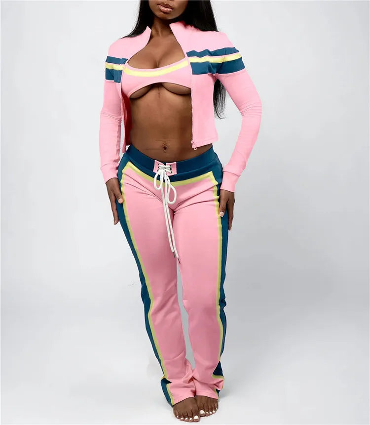 Fashion Color Block Print 3 Piece Sets Women Zipper Long Sleeve Jacket+Tanks Top+Bandage Pants Outfits