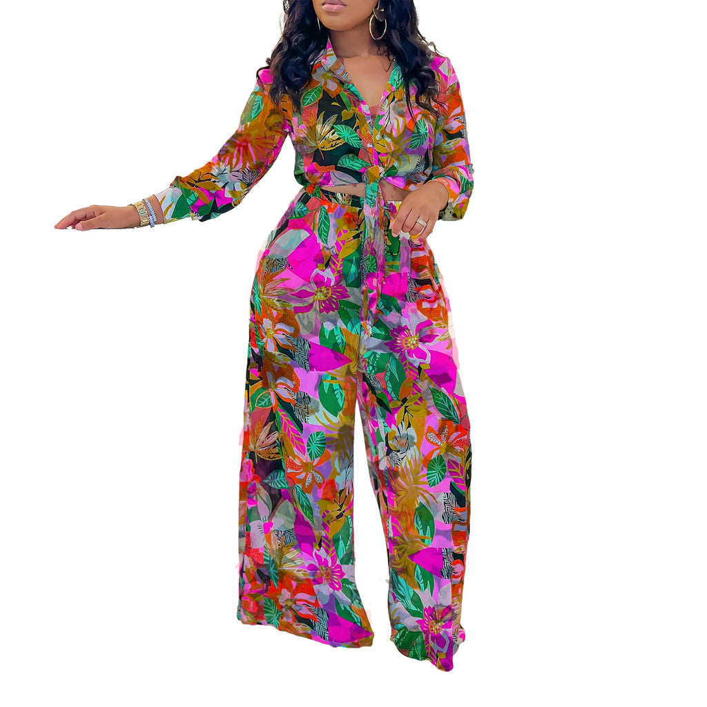 New Fashion Printed Lapel Tie Shirt Wide Leg Pants Women's 2 Piece Set Fashion