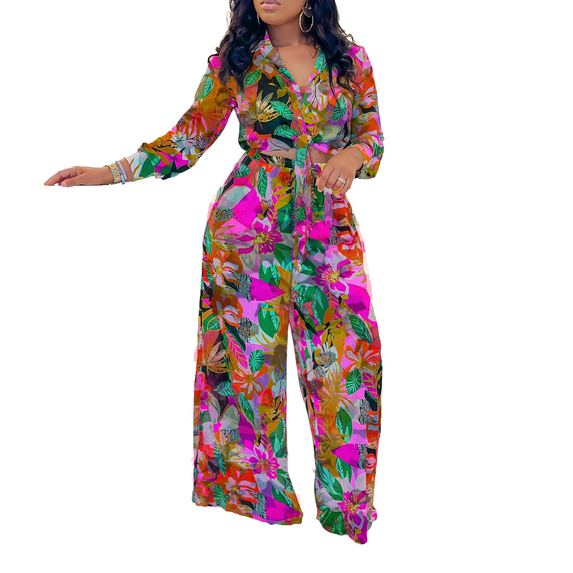 New Fashion Printed Lapel Tie Shirt Wide Leg Pants Women's 2 Piece Set Fashion