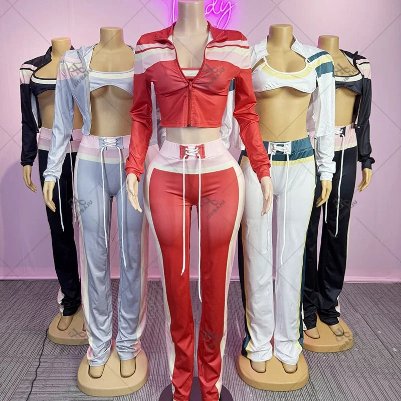 Fashion Color Block Print 3 Piece Sets Women Zipper Long Sleeve Jacket+Tanks Top+Bandage Pants Outfits