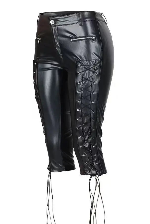 New Sexy Lace-Up PU Short Pants Women Skinny Eyelet Lace up High Waist Nightclub Women's Pants