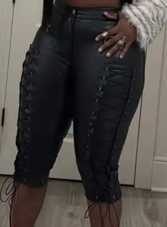 New Sexy Lace-Up PU Short Pants Women Skinny Eyelet Lace up High Waist Nightclub Women's Pants