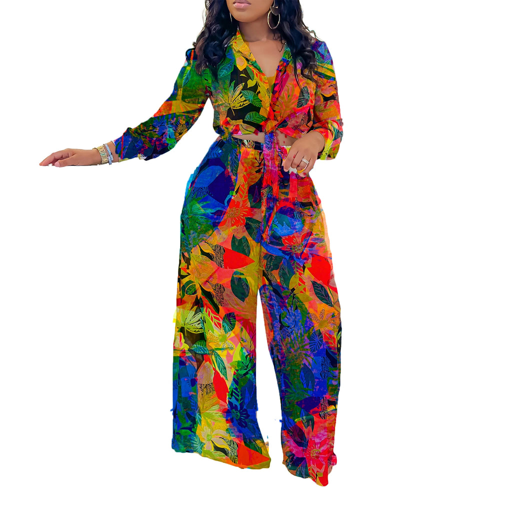 New Fashion Printed Lapel Tie Shirt Wide Leg Pants Women's 2 Piece Set Fashion