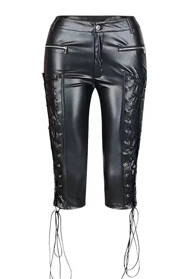 New Sexy Lace-Up PU Short Pants Women Skinny Eyelet Lace up High Waist Nightclub Women's Pants