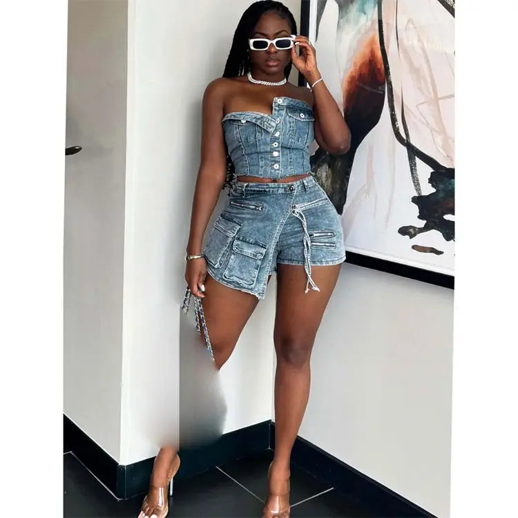 Design Fashion Sheath Sleeveless Straight Jeans Jumpsuit for Women