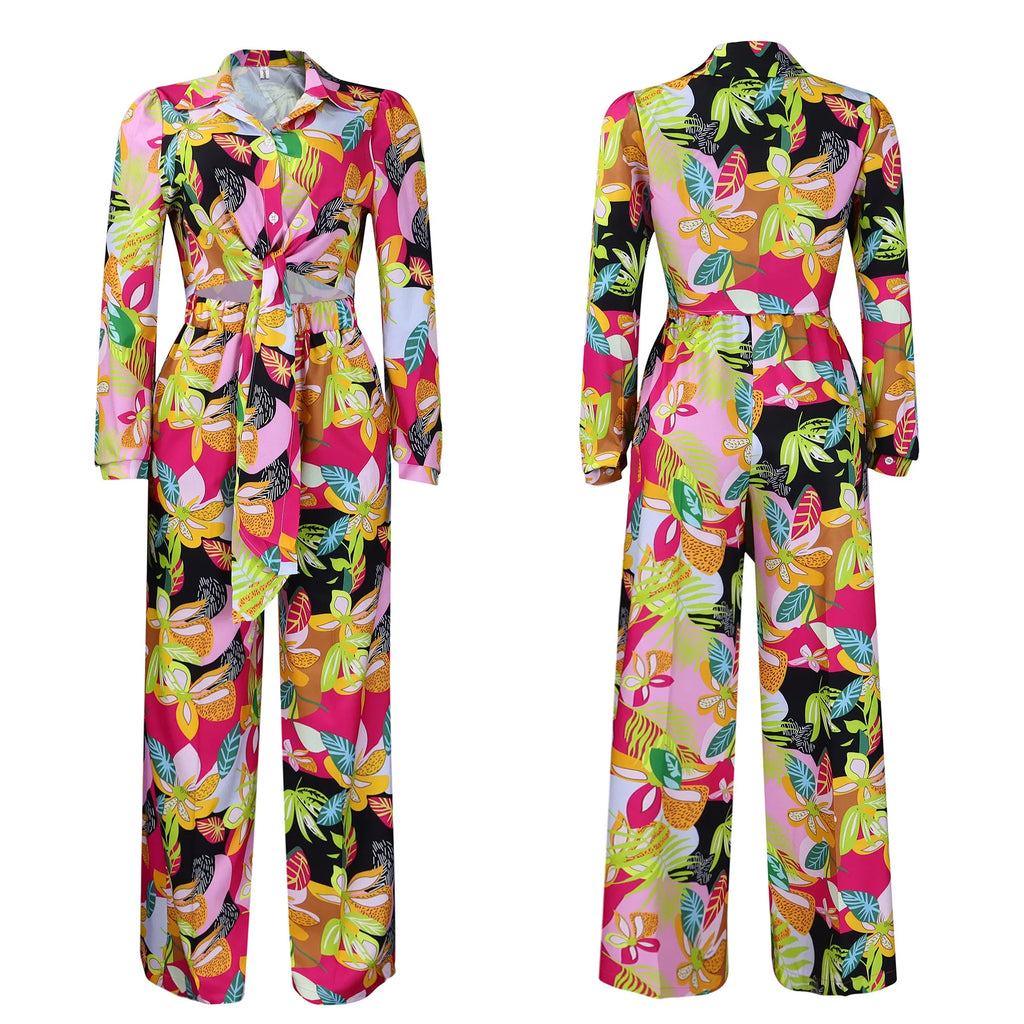 New Fashion Printed Lapel Tie Shirt Wide Leg Pants Women's 2 Piece Set Fashion