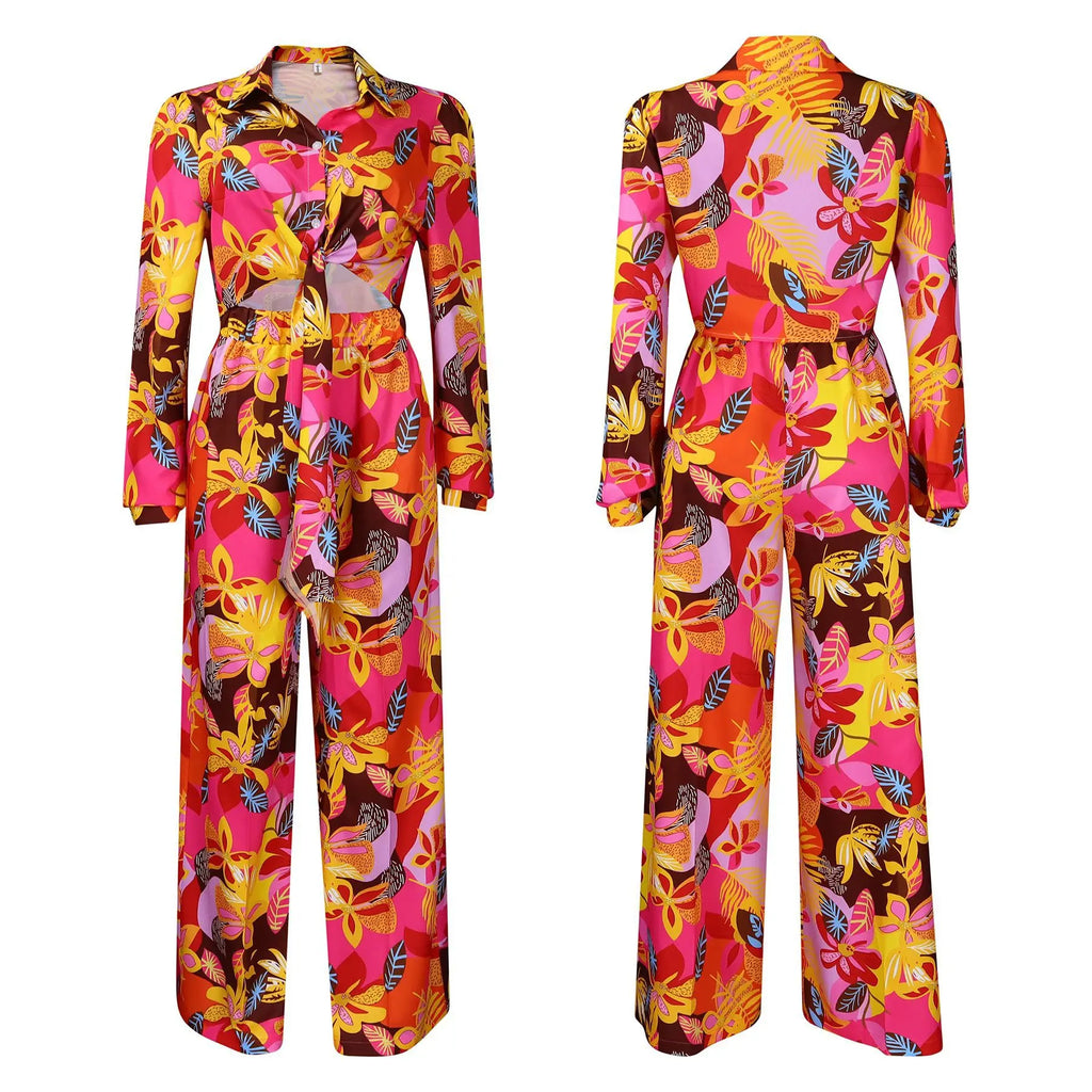 New Fashion Printed Lapel Tie Shirt Wide Leg Pants Women's 2 Piece Set Fashion