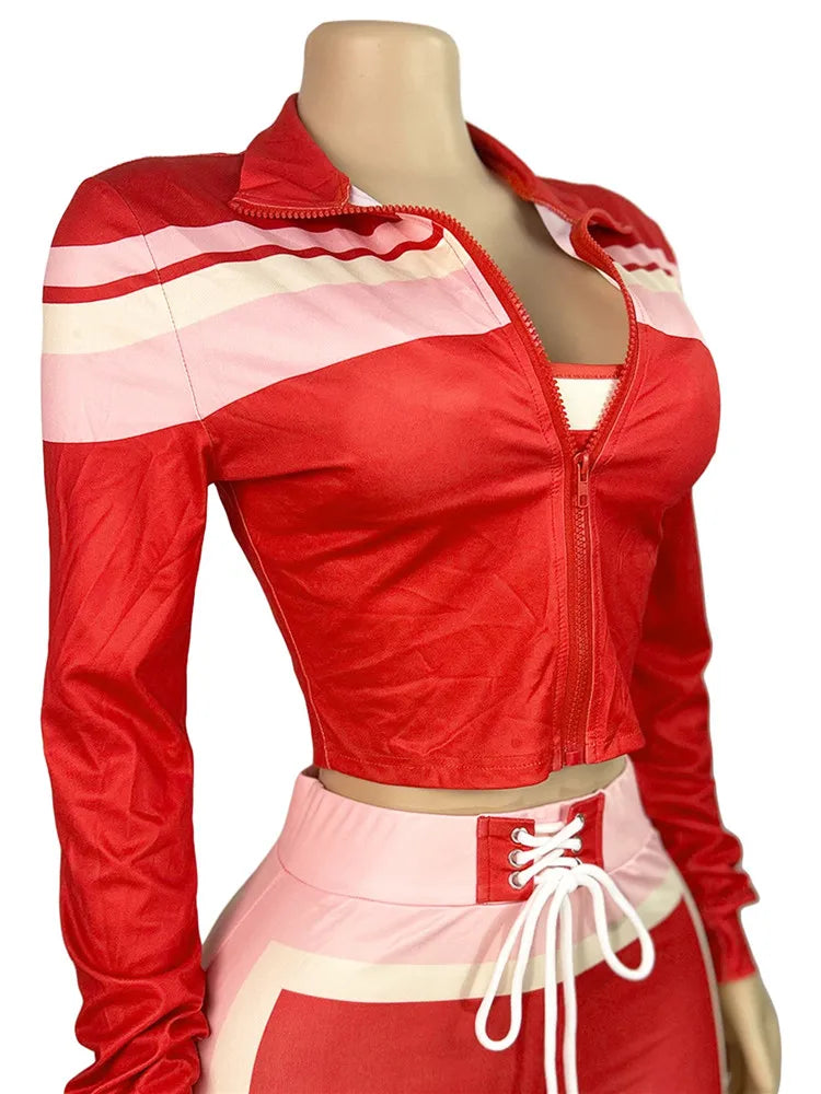 Fashion Color Block Print 3 Piece Sets Women Zipper Long Sleeve Jacket+Tanks Top+Bandage Pants Outfits