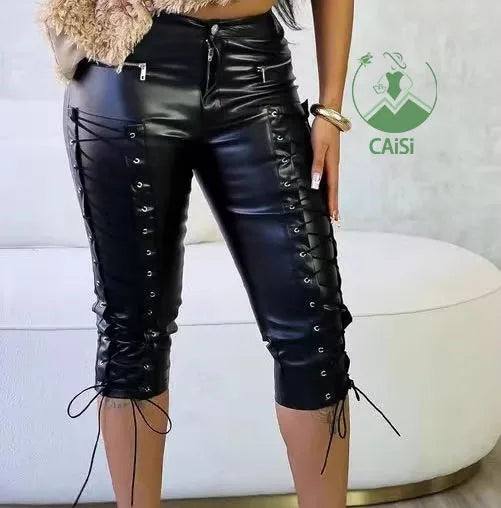 New Sexy Lace-Up PU Short Pants Women Skinny Eyelet Lace up High Waist Nightclub Women's Pants