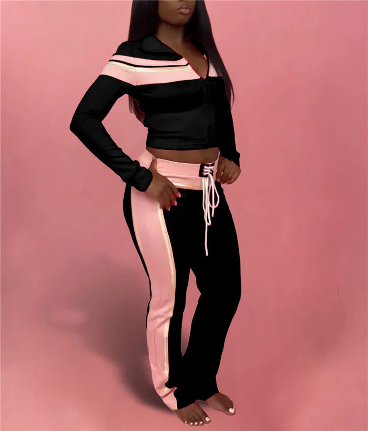 Fashion Color Block Print 3 Piece Sets Women Zipper Long Sleeve Jacket+Tanks Top+Bandage Pants Outfits