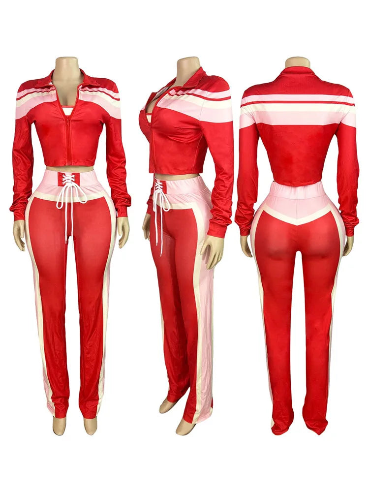 Fashion Color Block Print 3 Piece Sets Women Zipper Long Sleeve Jacket+Tanks Top+Bandage Pants Outfits