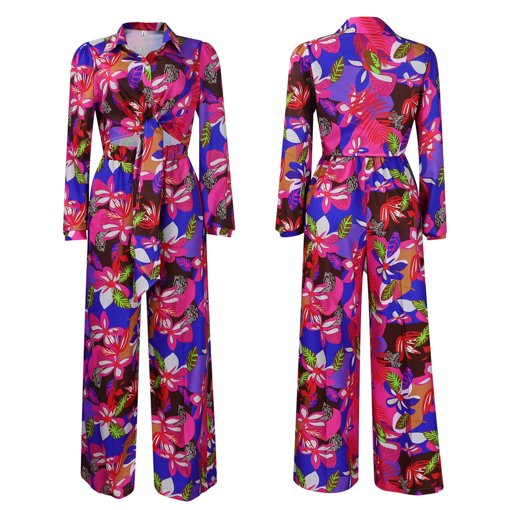 New Fashion Printed Lapel Tie Shirt Wide Leg Pants Women's 2 Piece Set Fashion