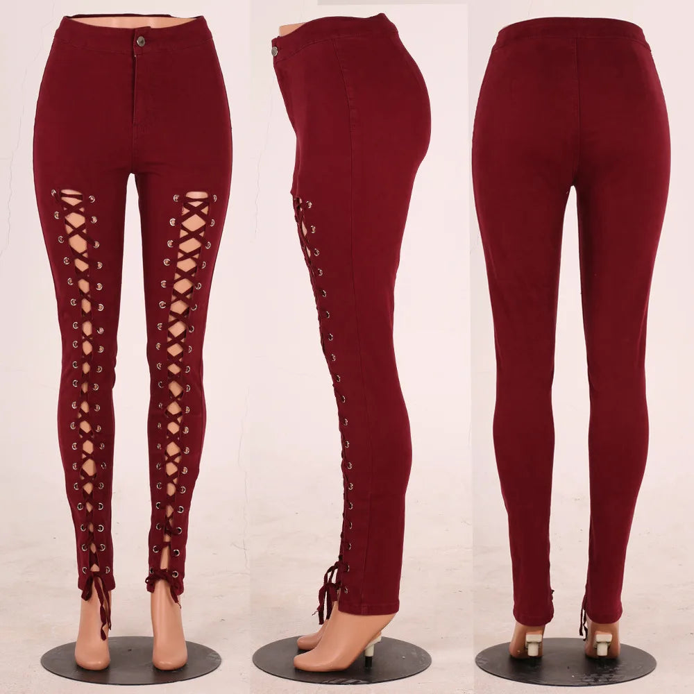 New Plus Size Legging Fashion Sexy Front Lace up Pencil Pants Cotton Cross Bandage Trousers Skinny High Waist Leggings