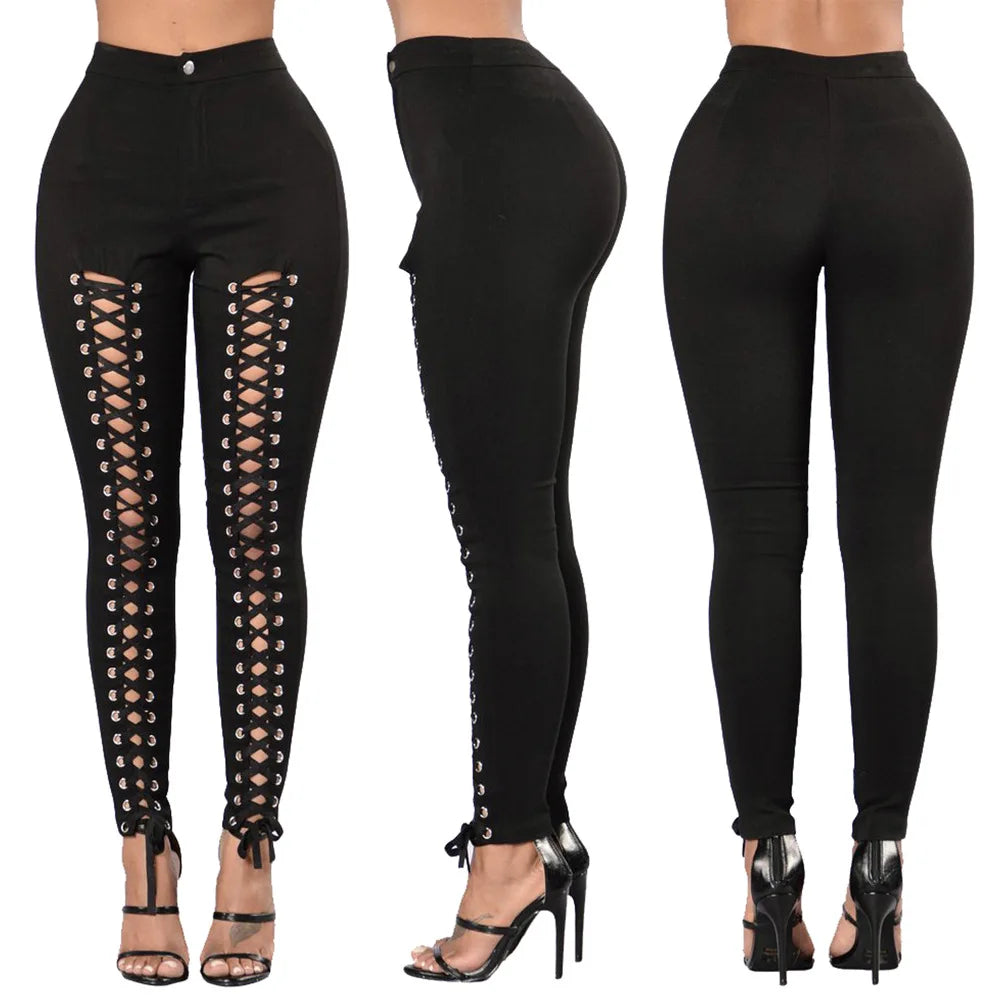 New Plus Size Legging Fashion Sexy Front Lace up Pencil Pants Cotton Cross Bandage Trousers Skinny High Waist Leggings
