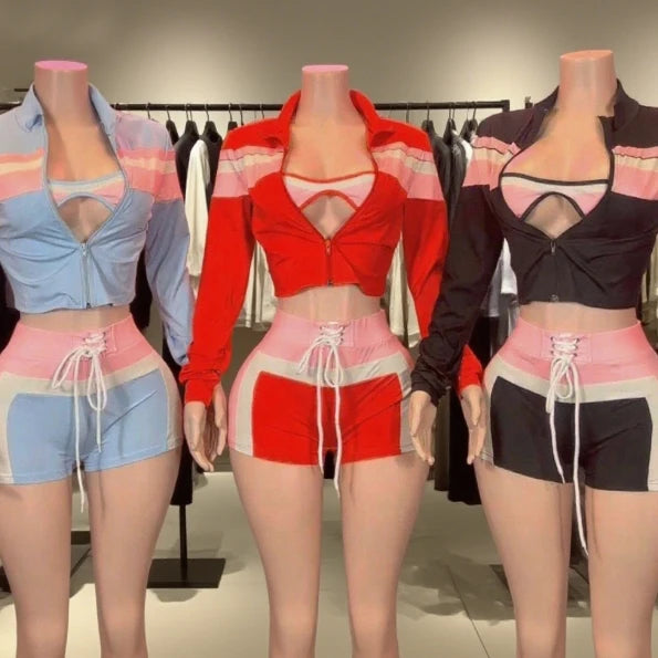 New Arrivals Women's Clothing Bra+Jacket+Shorts Bandage 3 Piece Set Casual Y2K Joggers Shorts Women Outfits Three Piece Set