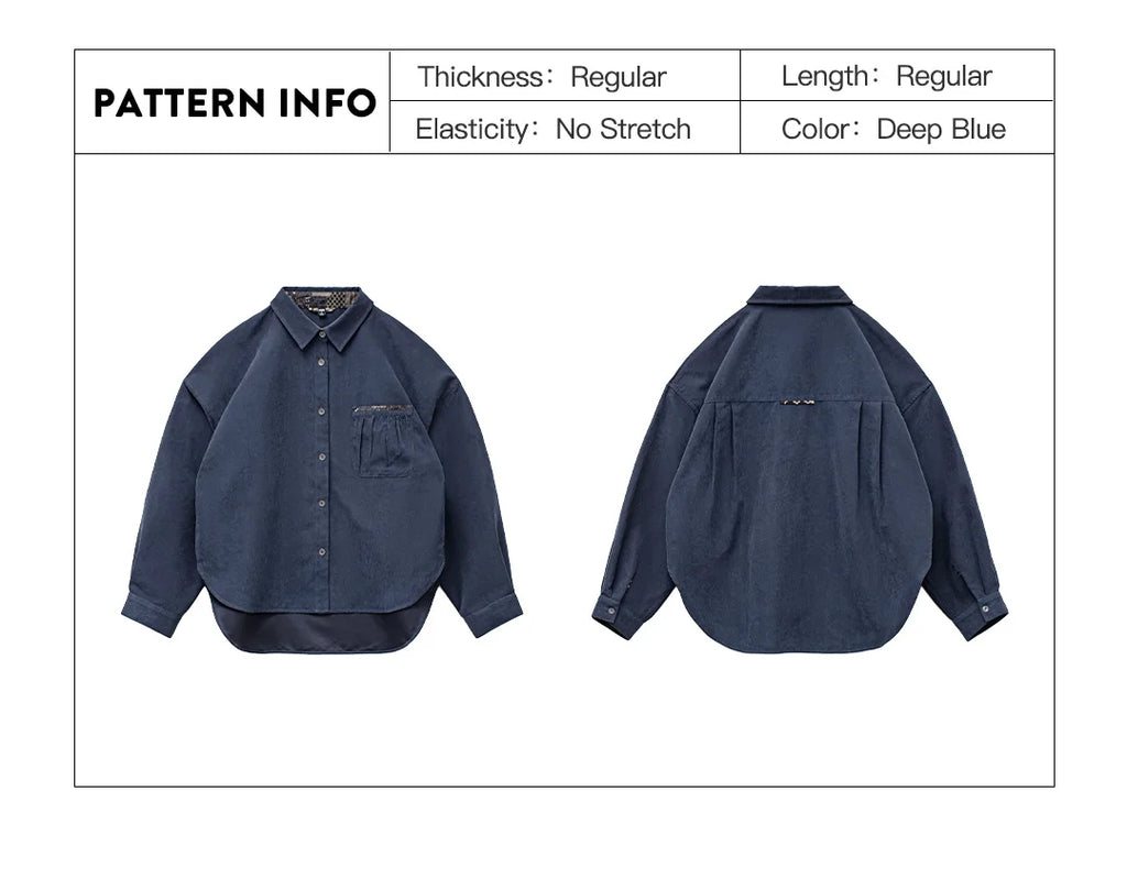 Maden Women’s Boro Vintage Long Sleeve Shirt Jacket Loose Fit Lapel Single Breasted Casual Spring Outerwear Dark Blue TOP