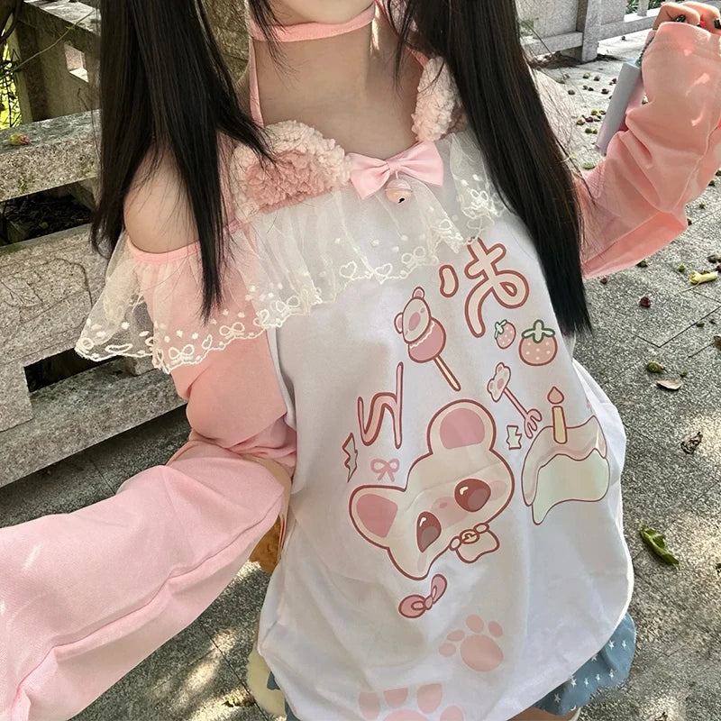 Women clothing Kawaii arcane Anime Printed T-shirt Autumn New Subculture Pink Long-sleeved T Shirt Fashion Halter Design Sense