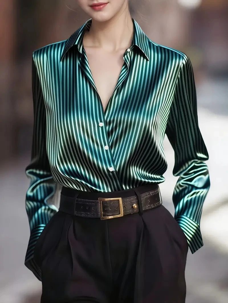 Elegant Satin Striped Long Sleeve Button Down Shirt for Women Vintage Style Office Wear Top