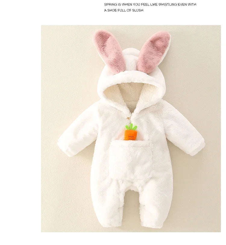 Baby Rompers Winter Warm Coral Fleece Newborn Baby Girl Clothes Cartoon Rabbit Coats Infant Jumpsuit Animal Overalls Pajamas