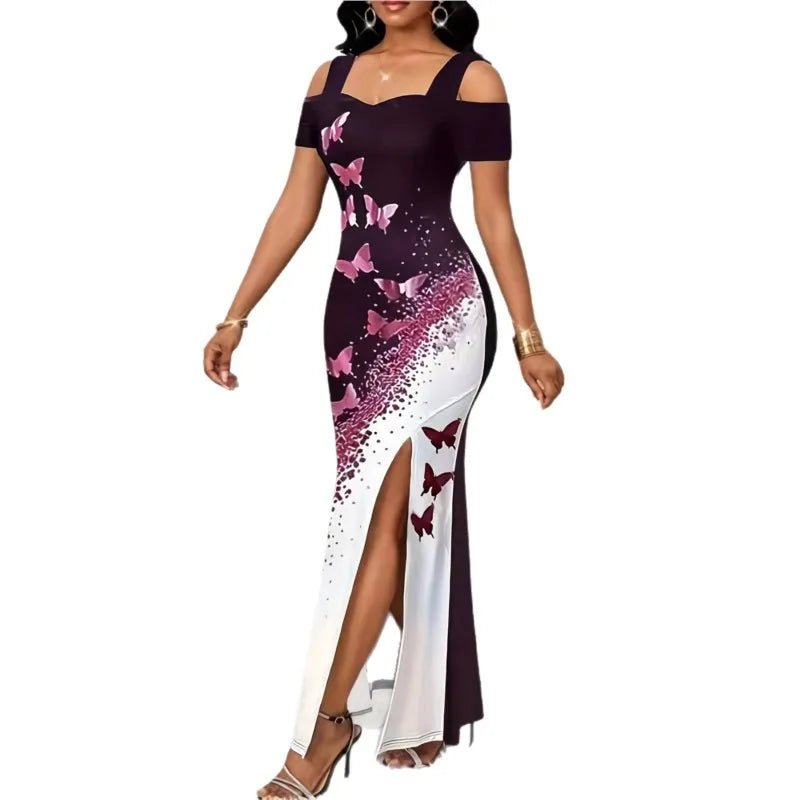 Slit Dress Vestidos Dresses 2025 Woman Women's Clothing Butterfly Printed Contrast Off Shoulder Sleeveless Elegant Temperament