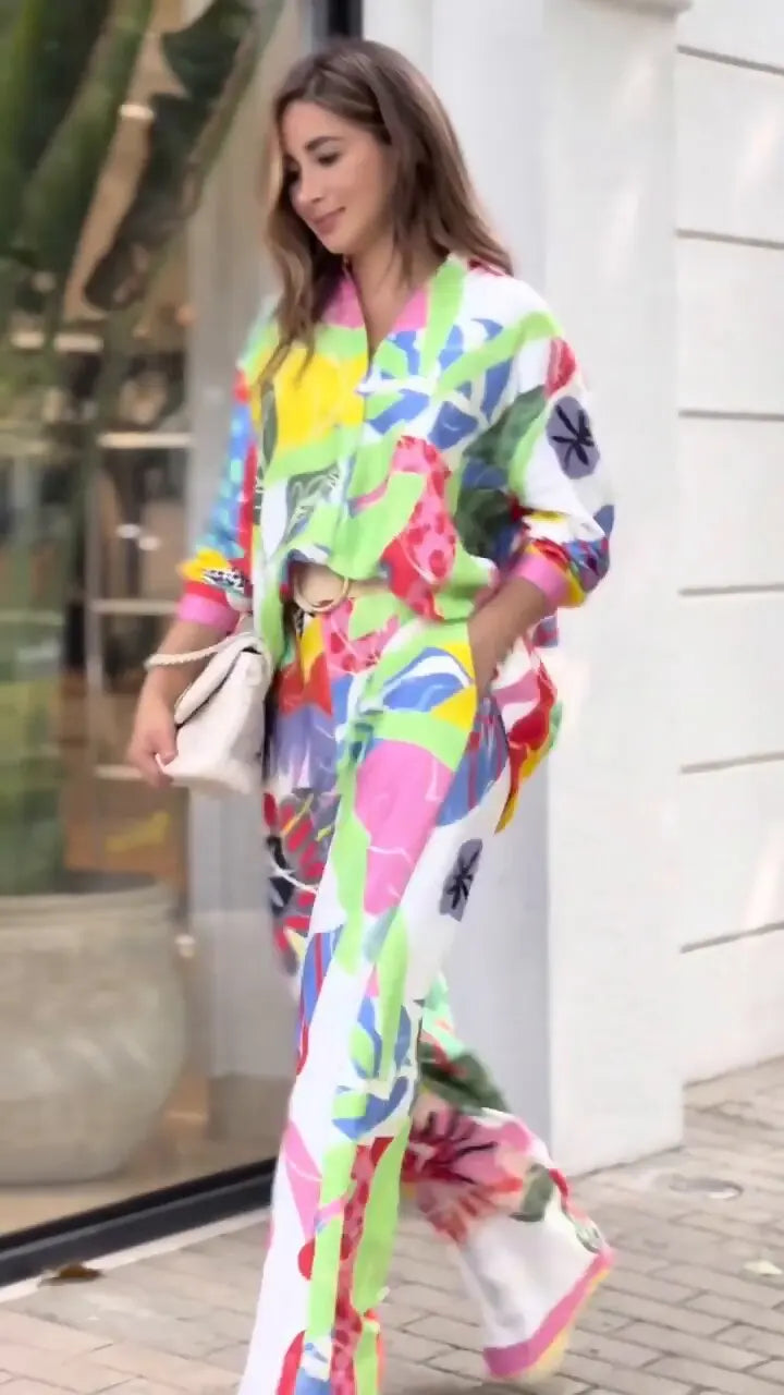 Fashion Color Print Two Piece Set Women Trendy Loose Long Sleeve Shirts Wide Legs Trousers 2 Piece Set Female Commuting Suits