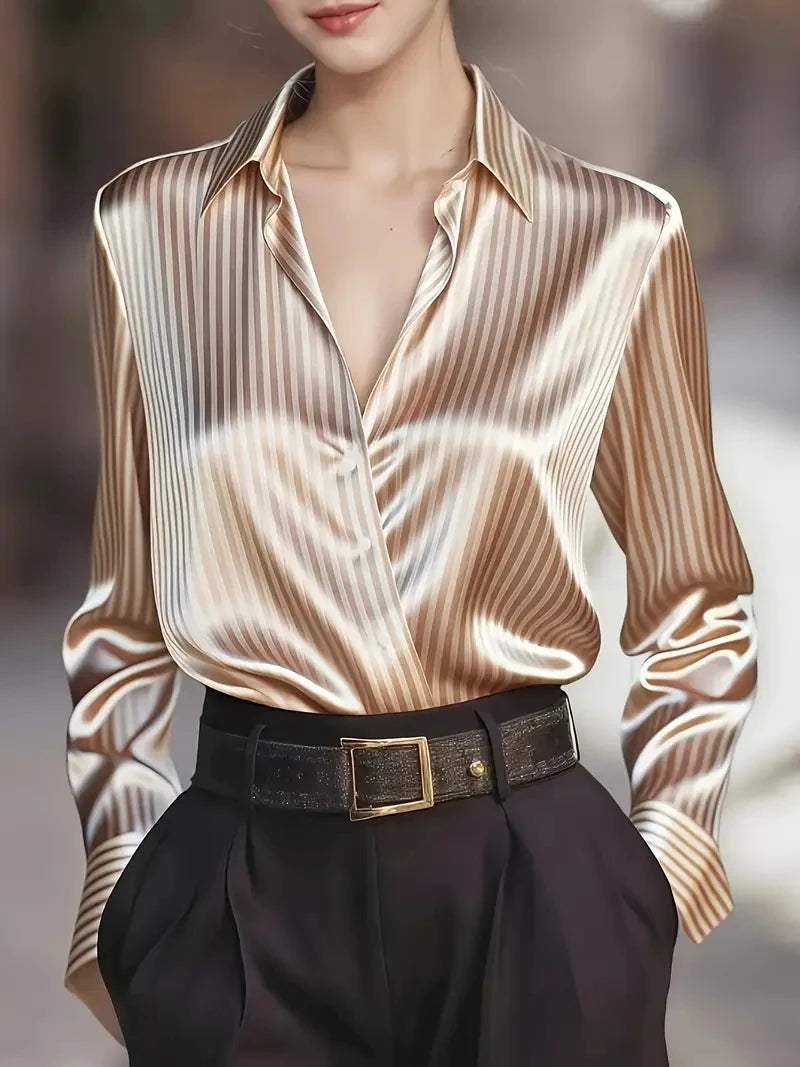 Elegant Satin Striped Long Sleeve Button Down Shirt for Women Vintage Style Office Wear Top
