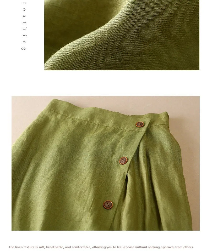 High-End Cotton Linen A-Line Midi Skirt Women's plus Size Loose Slimming Casual Artistic Style Summer Skirts for plus Size