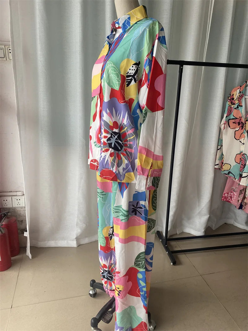 Fashion Color Print Two Piece Set Women Trendy Loose Long Sleeve Shirts Wide Legs Trousers 2 Piece Set Female Commuting Suits
