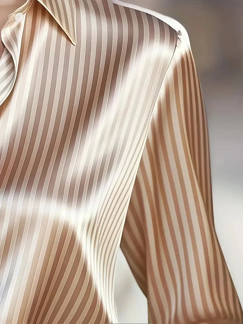 Elegant Satin Striped Long Sleeve Button Down Shirt for Women Vintage Style Office Wear Top
