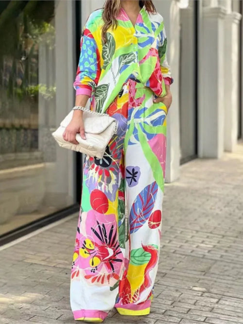 Fashion Color Print Two Piece Set Women Trendy Loose Long Sleeve Shirts Wide Legs Trousers 2 Piece Set Female Commuting Suits