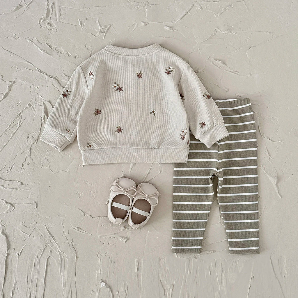 Baby Girl Clothes New Design Fashion Spring Fall Floral Embroidery Top+Casual Striped Pant Sets Baby Clothes for Newborn