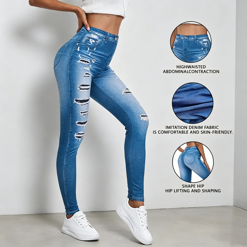 Spring Women's High Waisted Imitation Denim Printed Leggings Non-Denim Fabric Casual Skinny Pants Outdoor Sports Yoga Pants