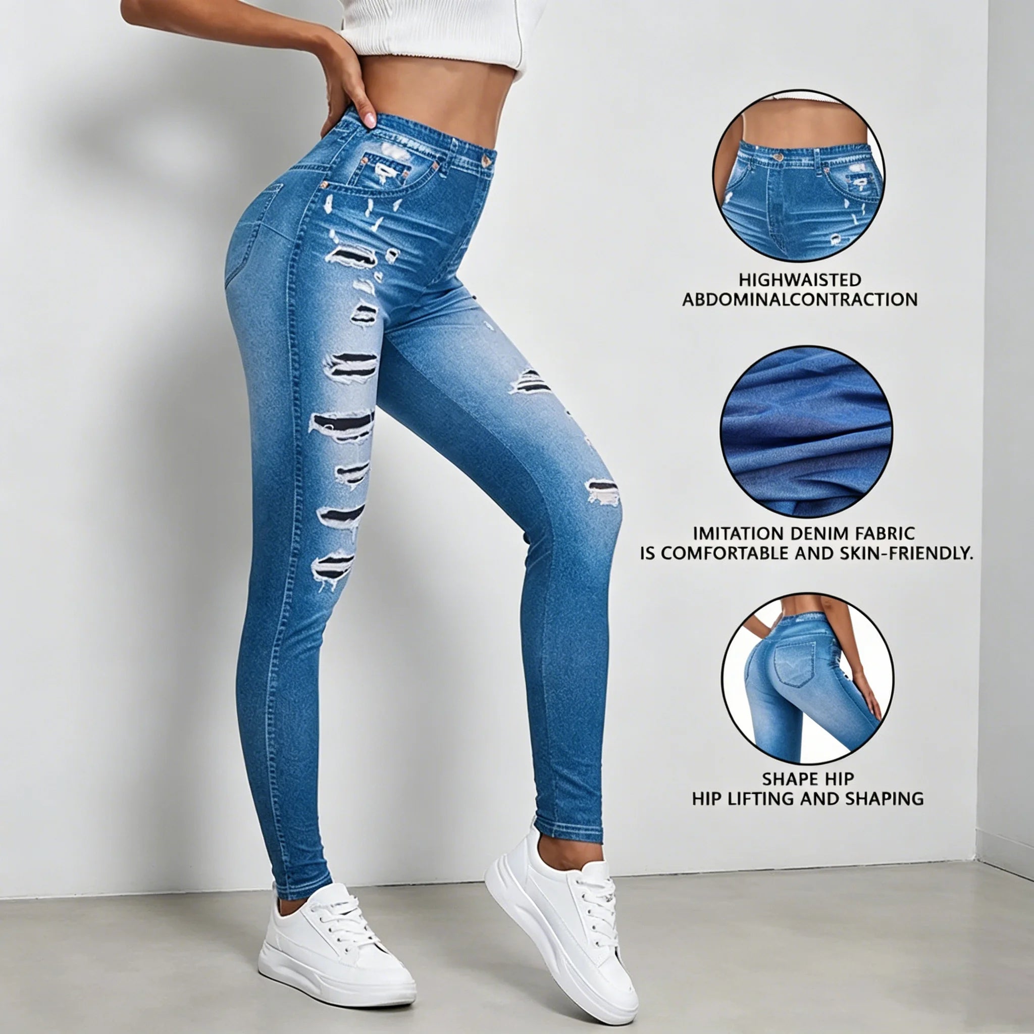 Spring Women's High Waisted Imitation Denim Printed Leggings Non-Denim Fabric Casual Skinny Pants Outdoor Sports Yoga Pants