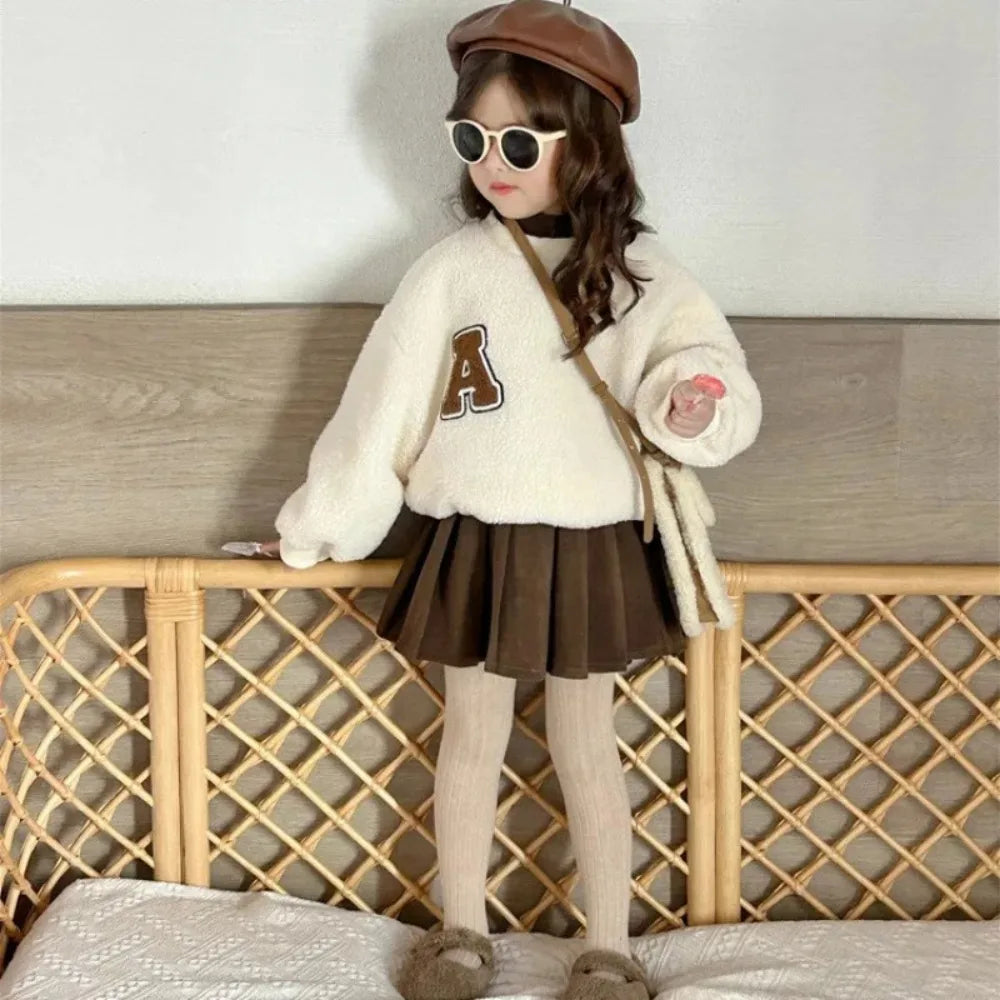 Autumn and Winter Girls' Suit Korean Version Teddy Velvet Letter Printed Top+pleated Skirt Two-piece Set for Kids 3-7 Years Old