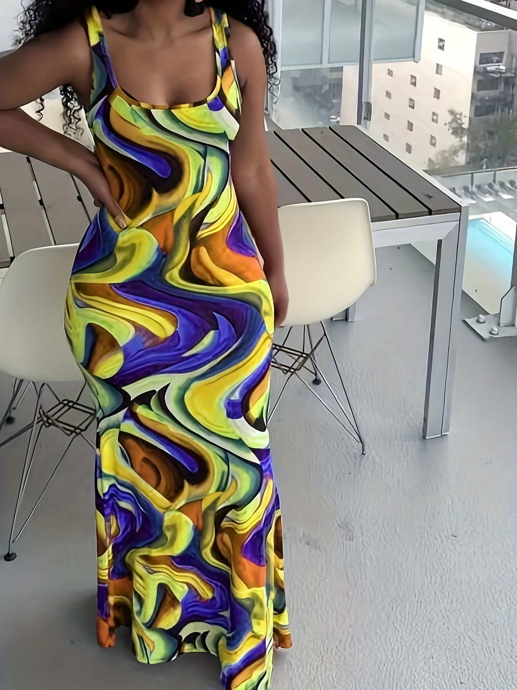 Large size summer new abstract fluid print suspender long dress with colorful wavy pattern slim fit hip hugging sleeveless dress