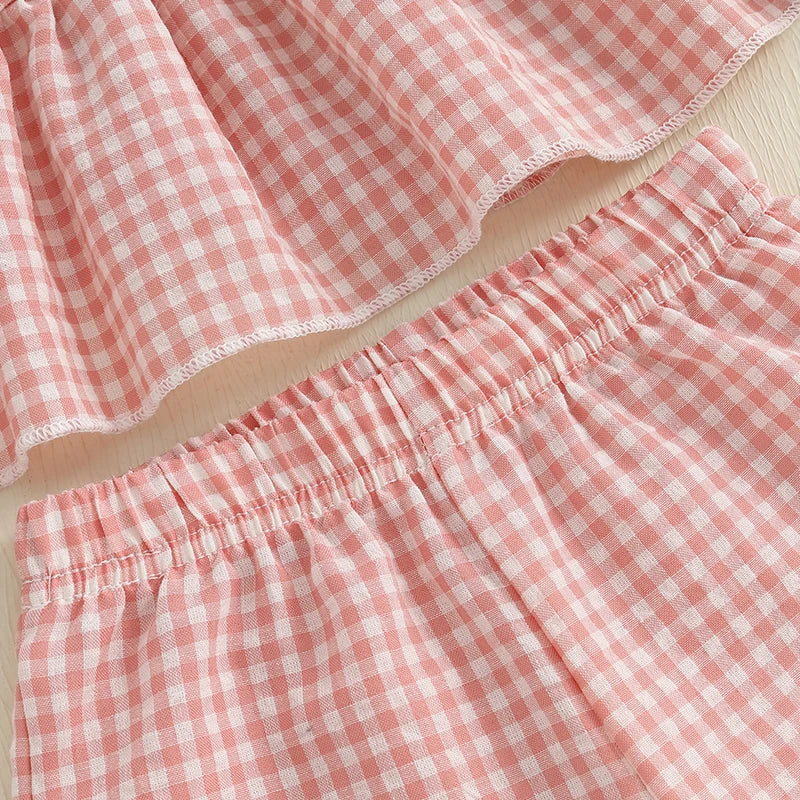 Toddler Kid Girls Summer Clothes Children Outfit Sets Plaid Frill Trim Sleeveless Ruffle Tank Tops Elastic Waist Pants Suit