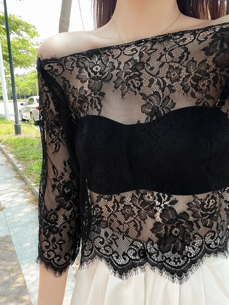 Summer Women Lace Floral Embroidery Blouses Shirt Ladies Tops Sexy Mesh Blouses Transparent Elegant See-through Black Shirt