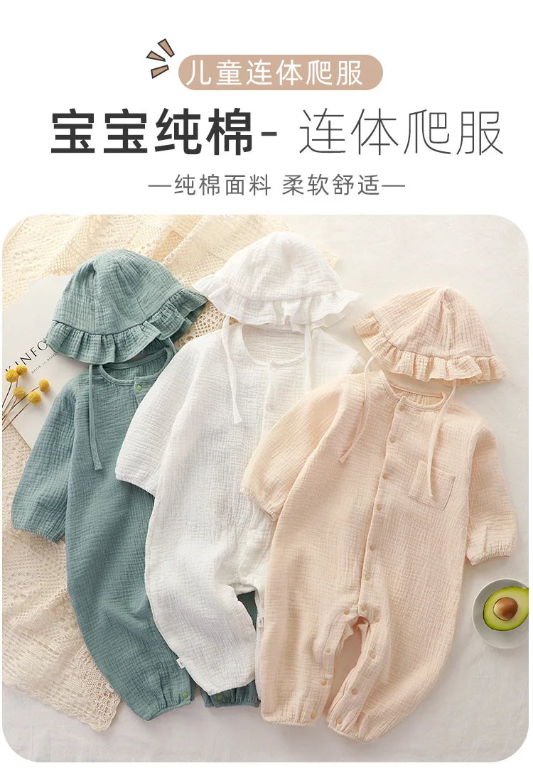 Newborn Baby Clothes Spring Autumn 100% Cotton Gauze Romper Cap Set Onepiece Pijamas Muslin White Waffle Jumpsuit Mamelucos Ropa