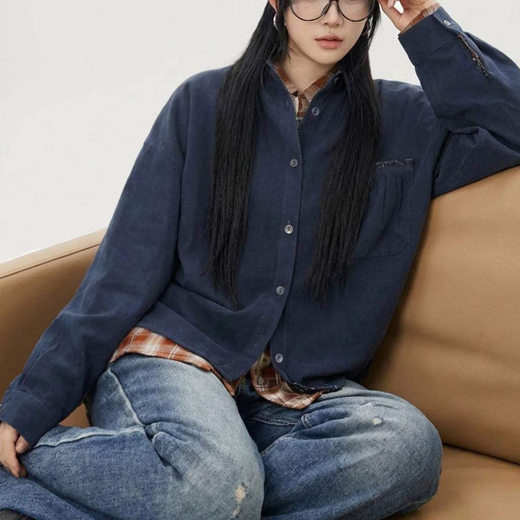 Maden Women’s Boro Vintage Long Sleeve Shirt Jacket Loose Fit Lapel Single Breasted Casual Spring Outerwear Dark Blue TOP
