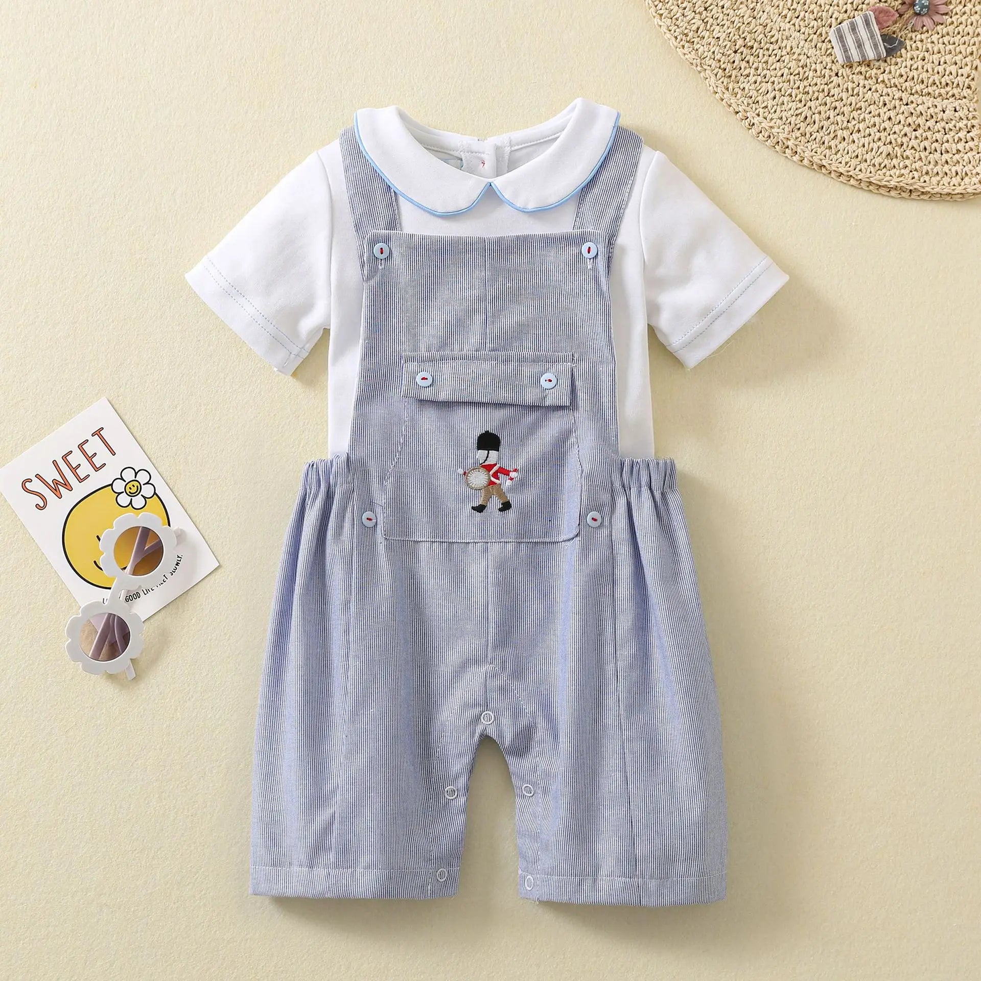 Ins Handmade Baby Boys' Clothes New British Wind Cotton Short-sleeved Shirt Embroidered Bear Clothes Baby Boys Boutique Suits