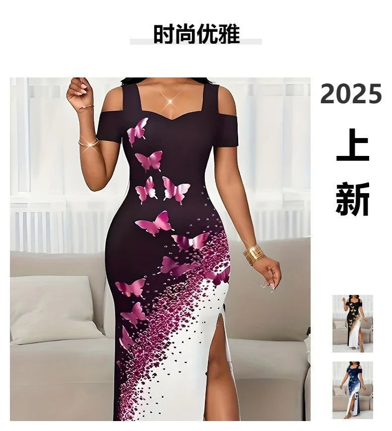 Summer Long Dress Elegant Fashionable Slim-fitting Printed Commuting Style V-neck Off-shoulder Slit Mid-waist Sleeveless Dresses