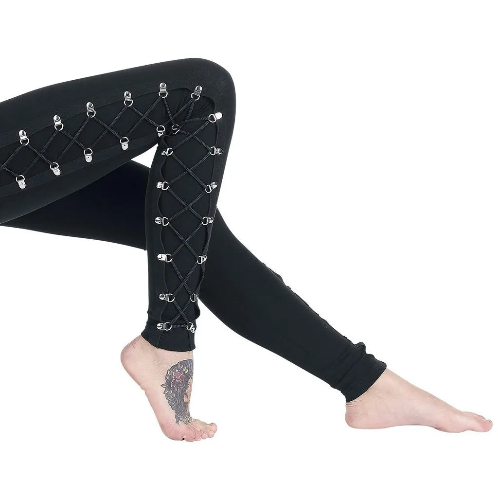 Gothic Lace Up Leggings Sexy Hollow Out Black Trousers Street Fashion Women's Pants High Waist Skinny Leggins Party Club Clothes