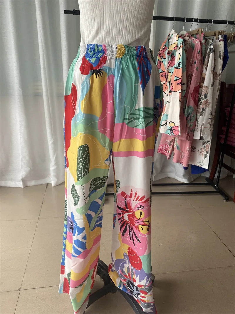 Fashion Color Print Two Piece Set Women Trendy Loose Long Sleeve Shirts Wide Legs Trousers 2 Piece Set Female Commuting Suits