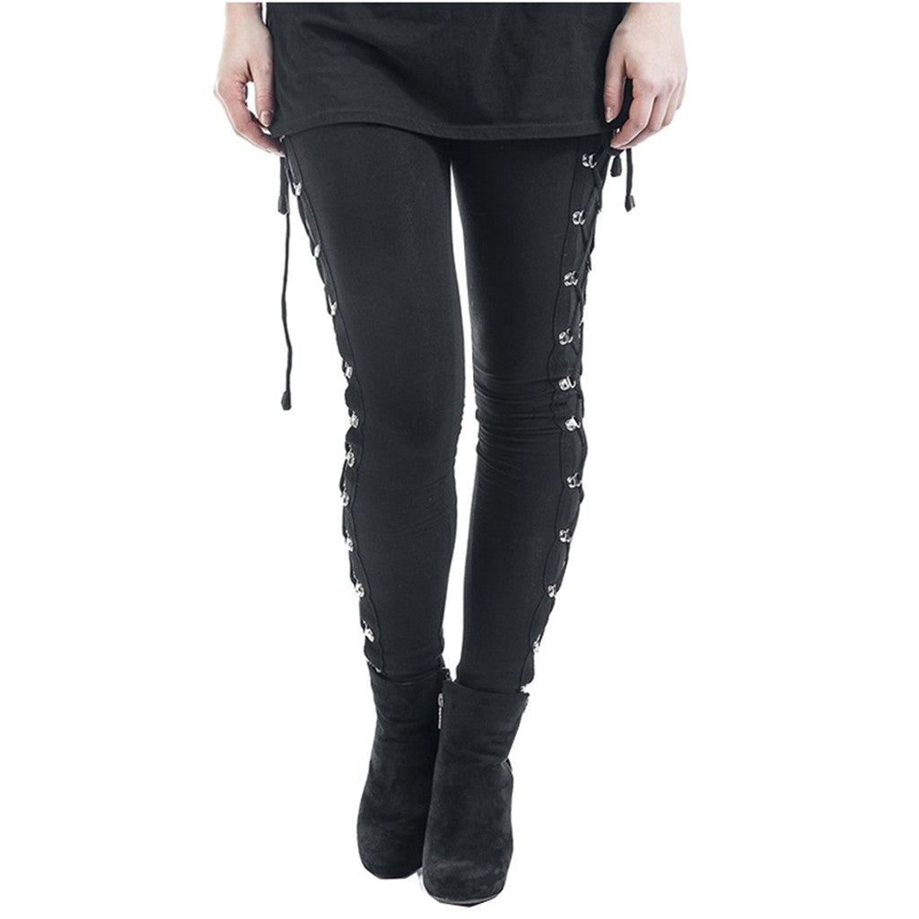 Gothic Lace Up Leggings Sexy Hollow Out Black Trousers Street Fashion Women's Pants High Waist Skinny Leggins Party Club Clothes