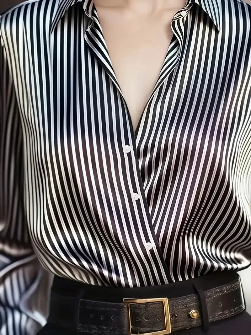 Elegant Satin Striped Long Sleeve Button Down Shirt for Women Vintage Style Office Wear Top