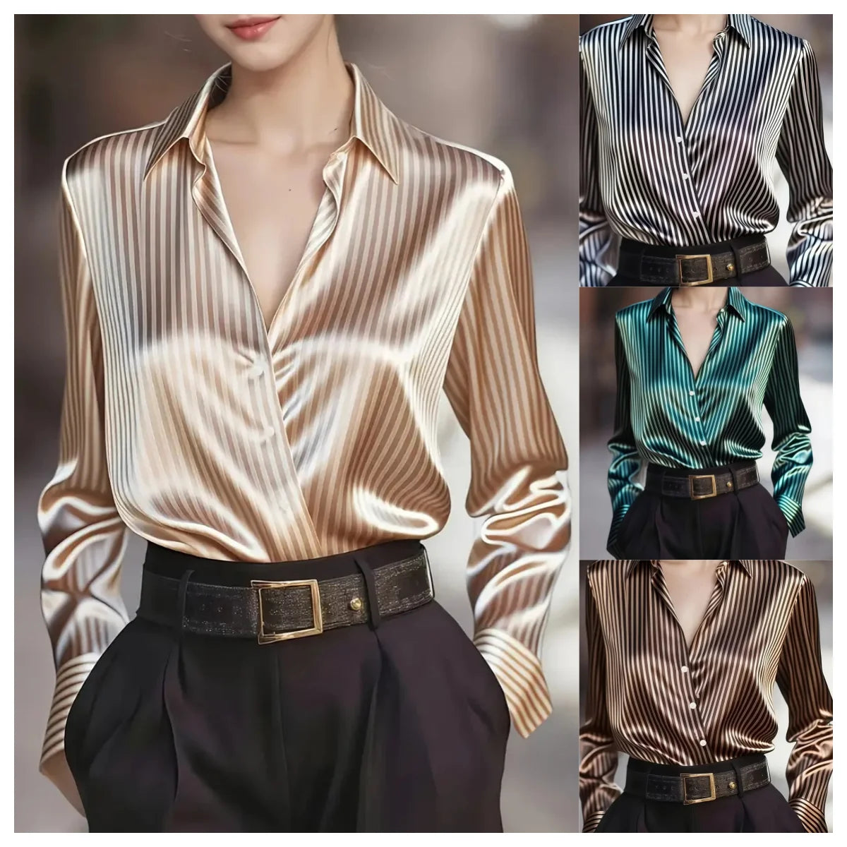 Elegant Satin Striped Long Sleeve Button Down Shirt for Women Vintage Style Office Wear Top
