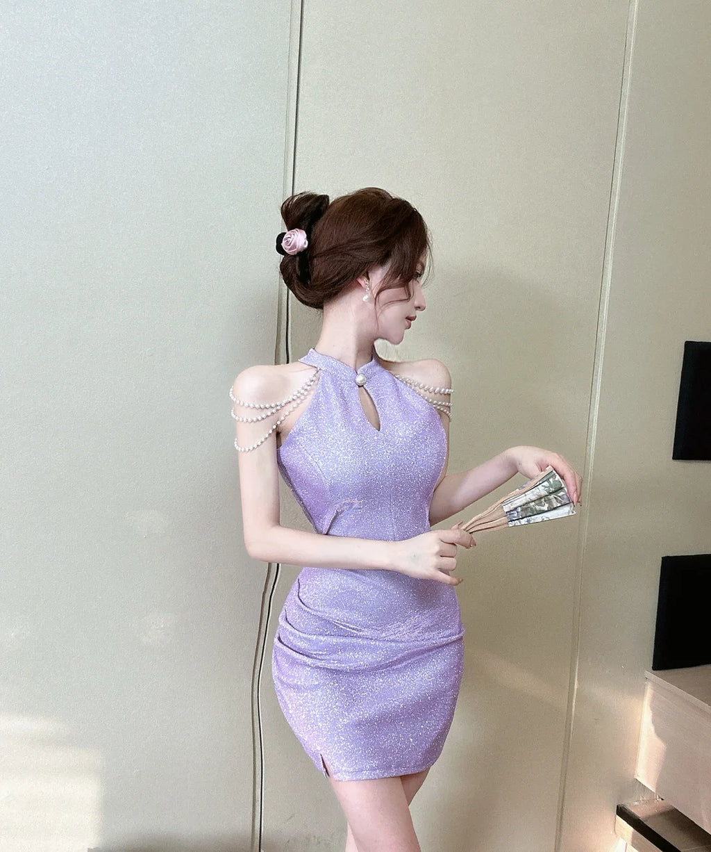 Jielur Purple Sexy Chain Tight Hip Chic Female Dresses Solid Color Hollow Out Sleeveless Y2k Fashion Women's Dress Party Club
