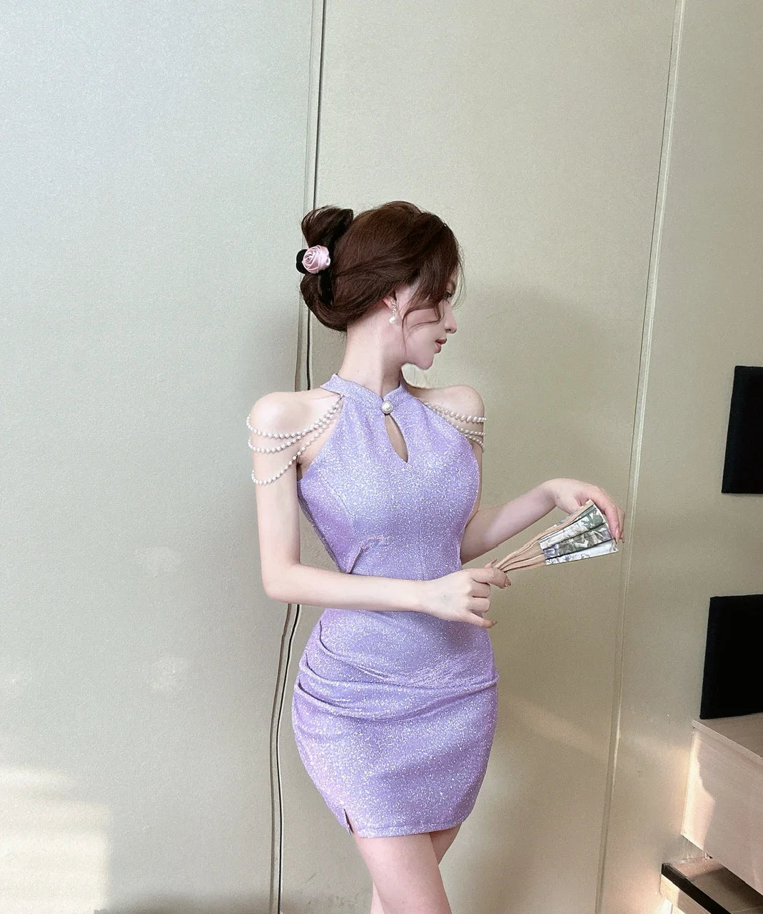 Jielur Purple Sexy Chain Tight Hip Chic Female Dresses Solid Color Hollow Out Sleeveless Y2k Fashion Women's Dress Party Club