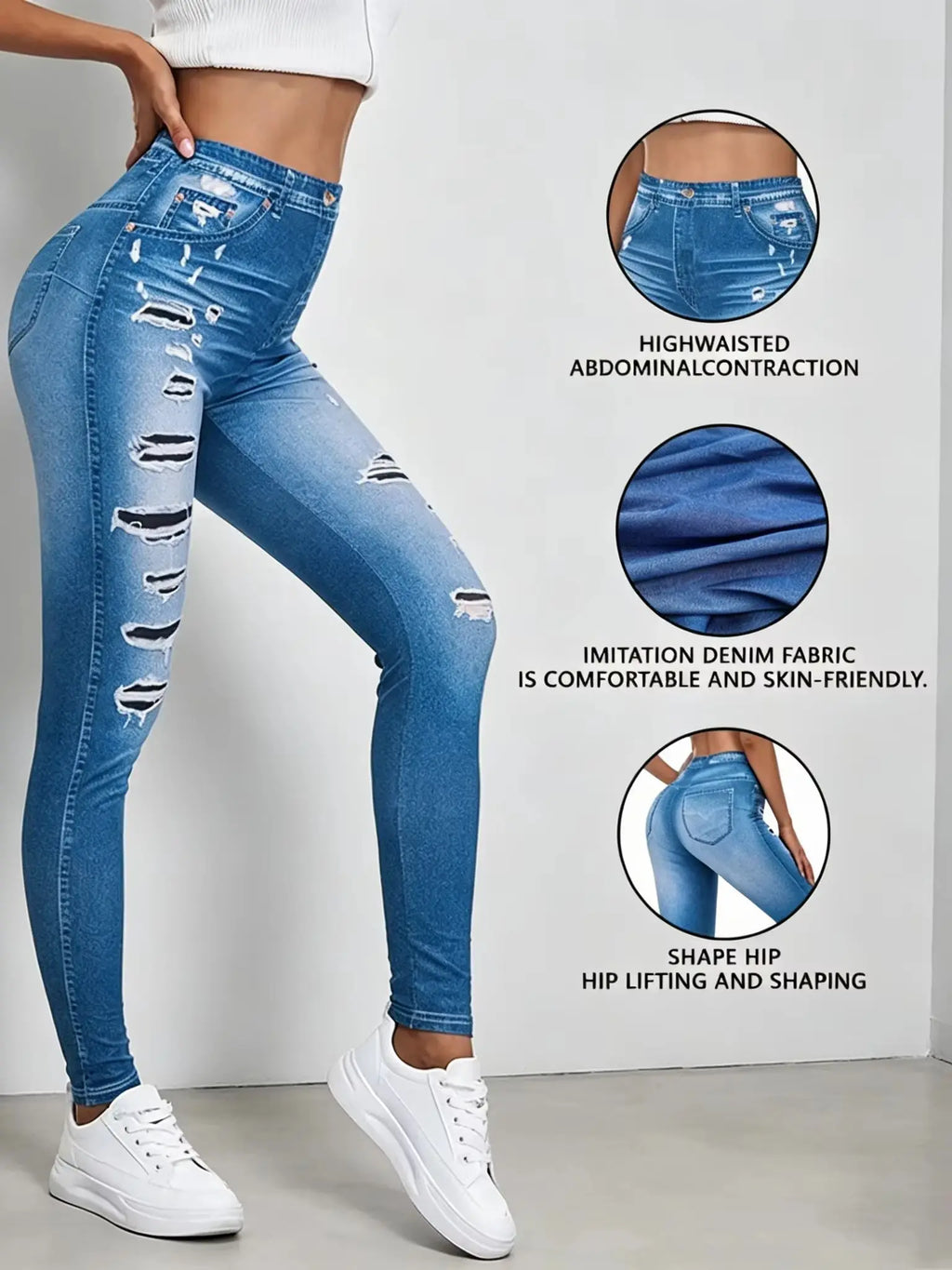 Spring Women's High Waisted Imitation Denim Printed Leggings Non-Denim Fabric Casual Skinny Pants Outdoor Sports Yoga Pants