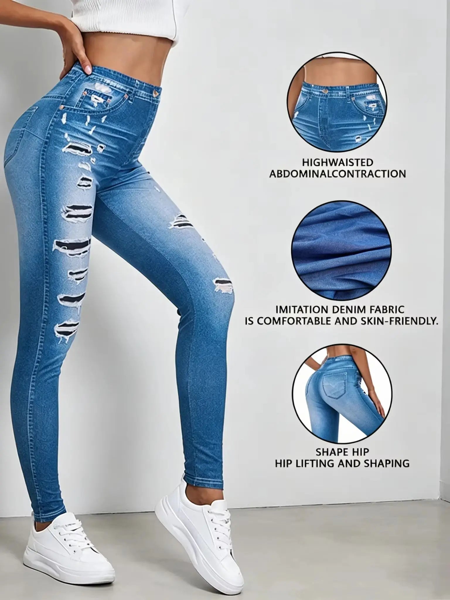 Spring Women's High Waisted Imitation Denim Printed Leggings Non-Denim Fabric Casual Skinny Pants Outdoor Sports Yoga Pants